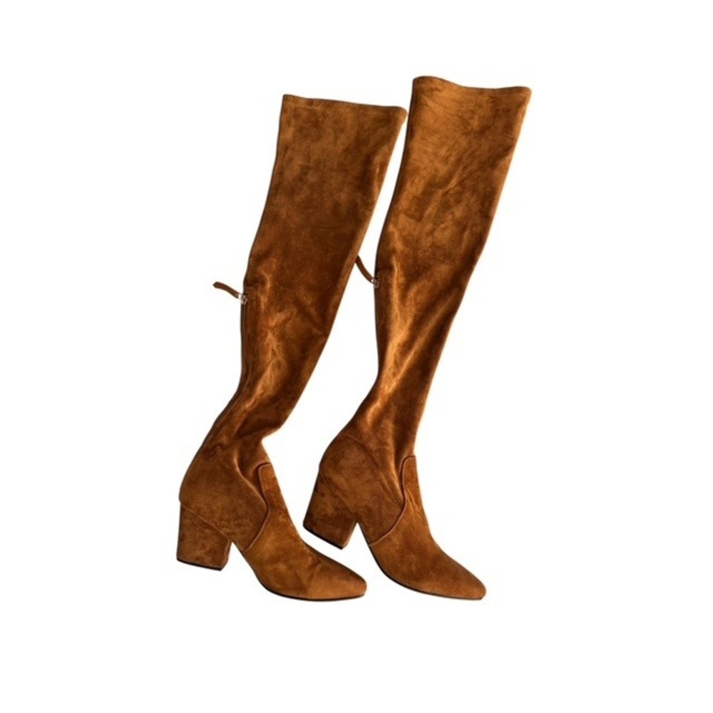 Vero Cuoio Cognac Brown Faux Suede Over The Knee Block Heel Boots Pointed Toe